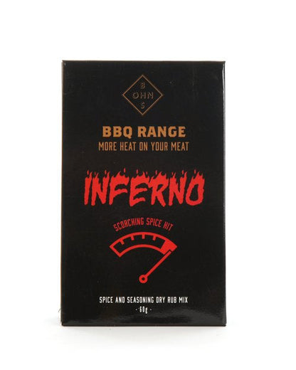 Set of four BOHNS Rubs BBQ heat range bottles with colorful labels, showcasing different spice blends for grilling.