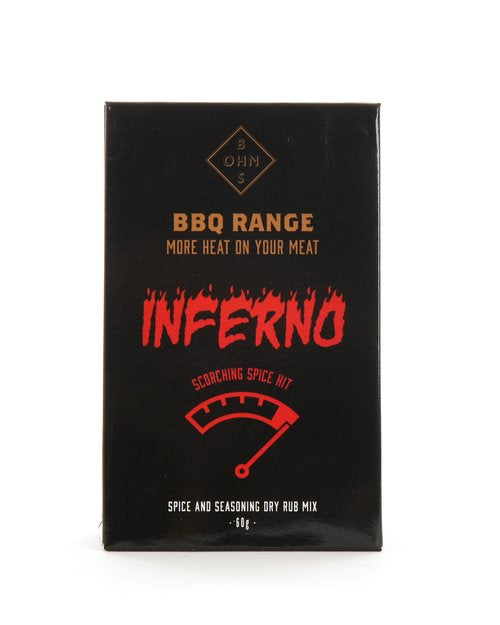 Set of four BOHNS Rubs BBQ heat range bottles with colorful labels, showcasing different spice blends for grilling.
