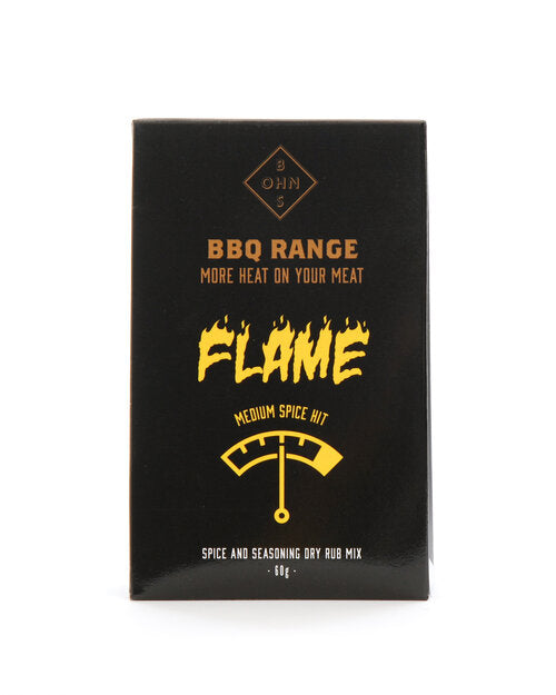 Bohns Rubs Flame BBQ spice rub jar with medium heat level, featuring a fiery label and seasoning visible in the image.
