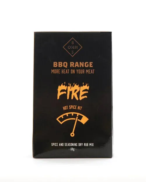BOHNS Rubs Fire BBQ spice rub with bold red and black packaging, designed to add heat and flavor to grilled meats.