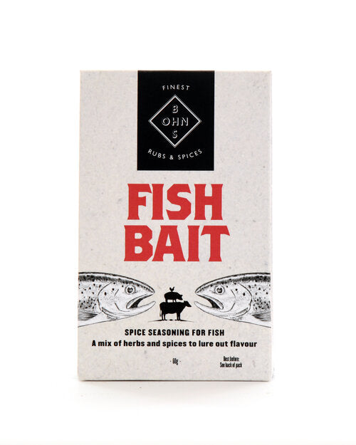 Book cover titled "Fish Bait" by BOHNS Rubs, featuring a colorful design related to sweet and spicy fish seasoning.