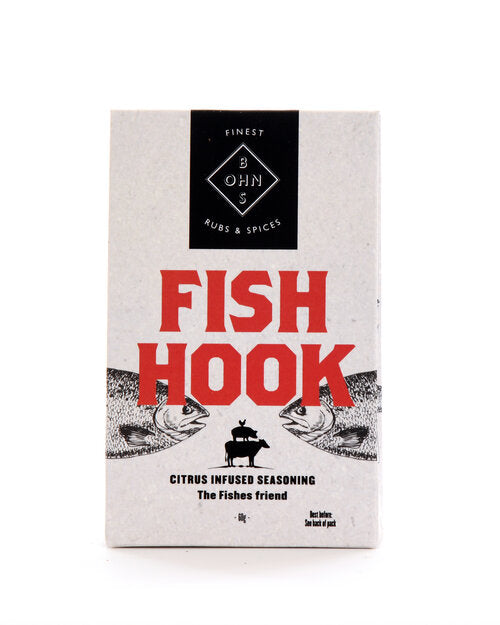 Book titled "Fish Hook" by BOHNS Rubs featuring citrus and herb seasoning for fish, with colorful cover design.