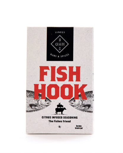 Book titled "Fish Hook" by BOHNS Rubs featuring citrus and herb seasoning for fish, with colorful cover design.