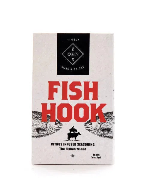 BOHNS Rubs Fish Hook citrus and herb seasoning rub in a jar, featuring vibrant herbs and spices for flavorful fish dishes