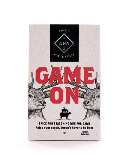 BOHNS Rubs Game On spice and seasoning mix for game meats, displayed in a jar with a colorful label.