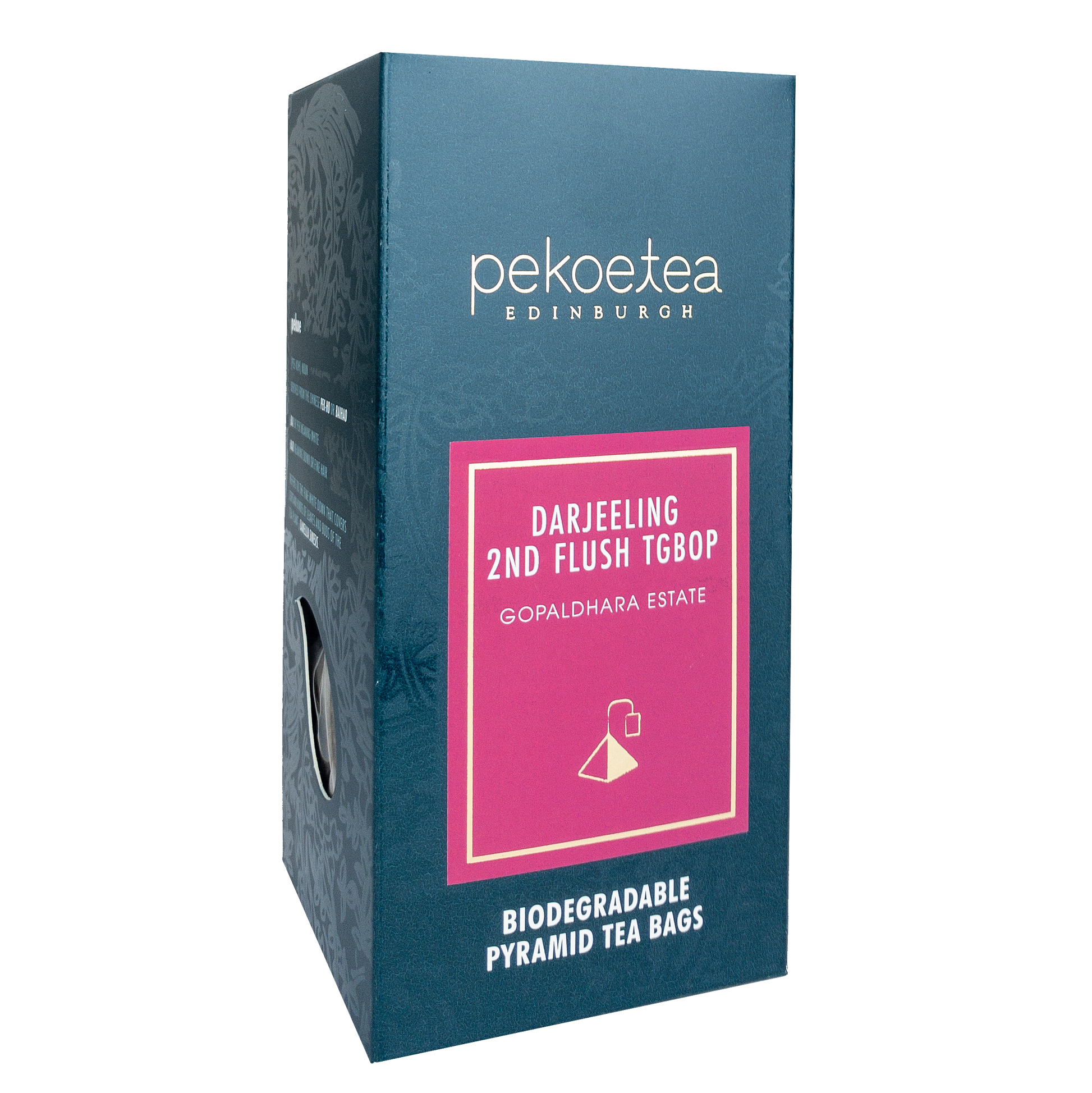 PekoeTea Edinburgh Gopaldhara TGBOP Second Flush Darjeeling tea leaves in a jar, showcasing the high-quality tea for brewing.