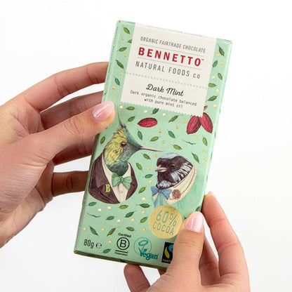 Dark mint chocolate bar by Bennetto Natural Foods UK, showing the textured dark chocolate surface with mint flavor details.