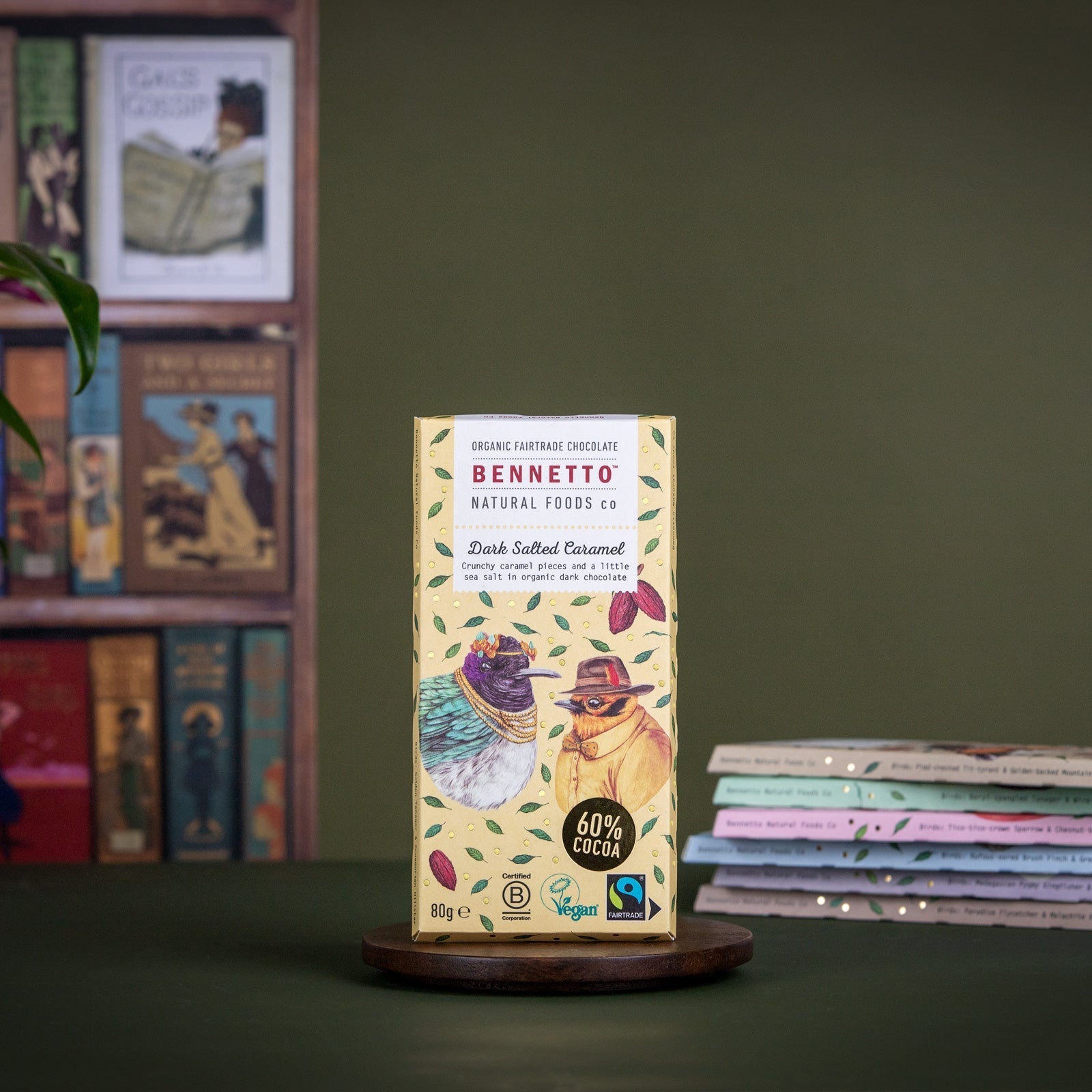 Dark salted caramel chocolate by Bennetto Natural Foods UK, showing rich caramel-filled dark chocolate pieces on a rustic surface.