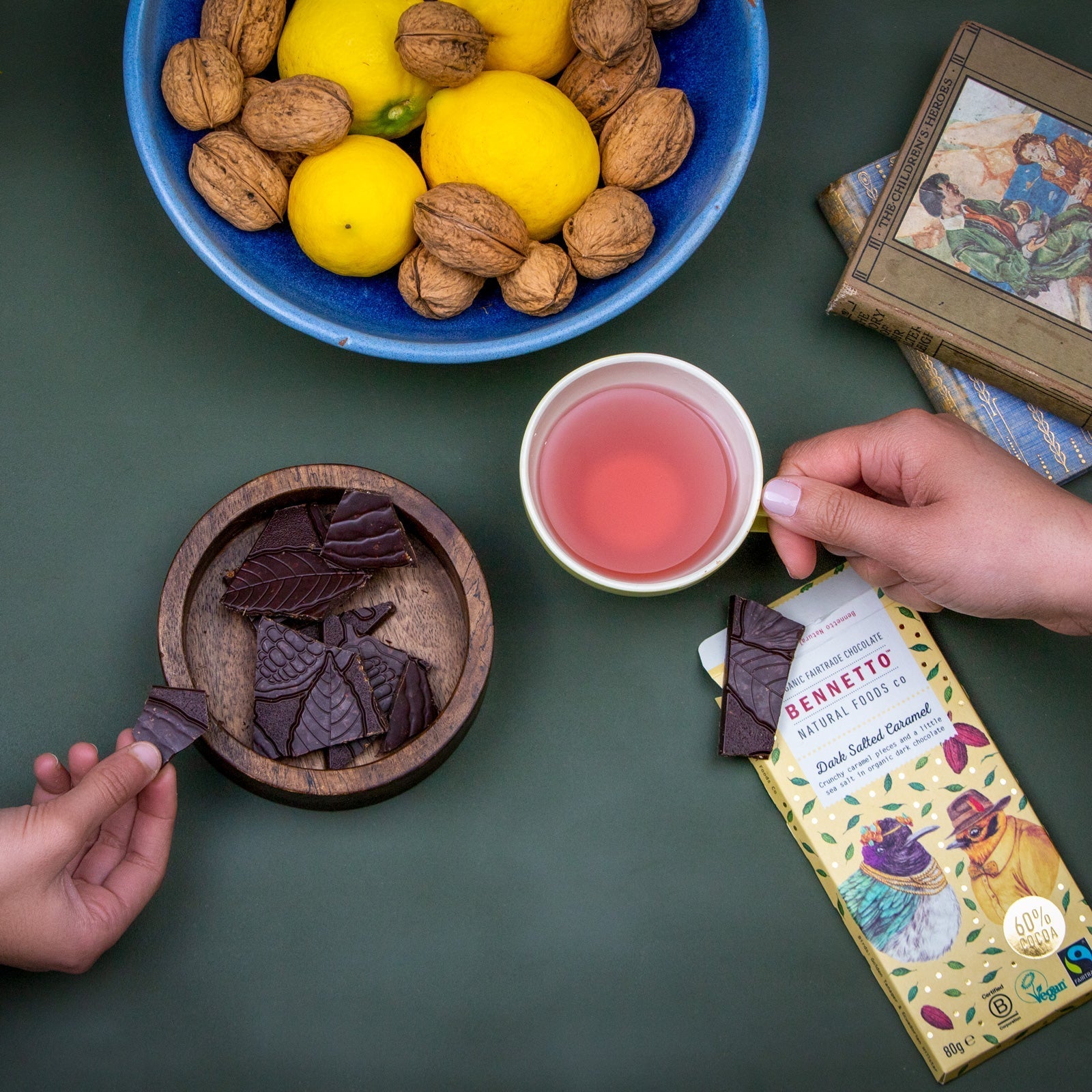 Dark salted caramel chocolate by Bennetto Natural Foods UK, showcasing rich, smooth chocolate with salted caramel filling.