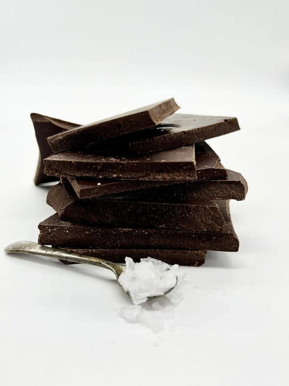 Dark chocolate sea salt shards from Gorvett & Stone, featuring rich dark chocolate with crunchy sea salt crystals.