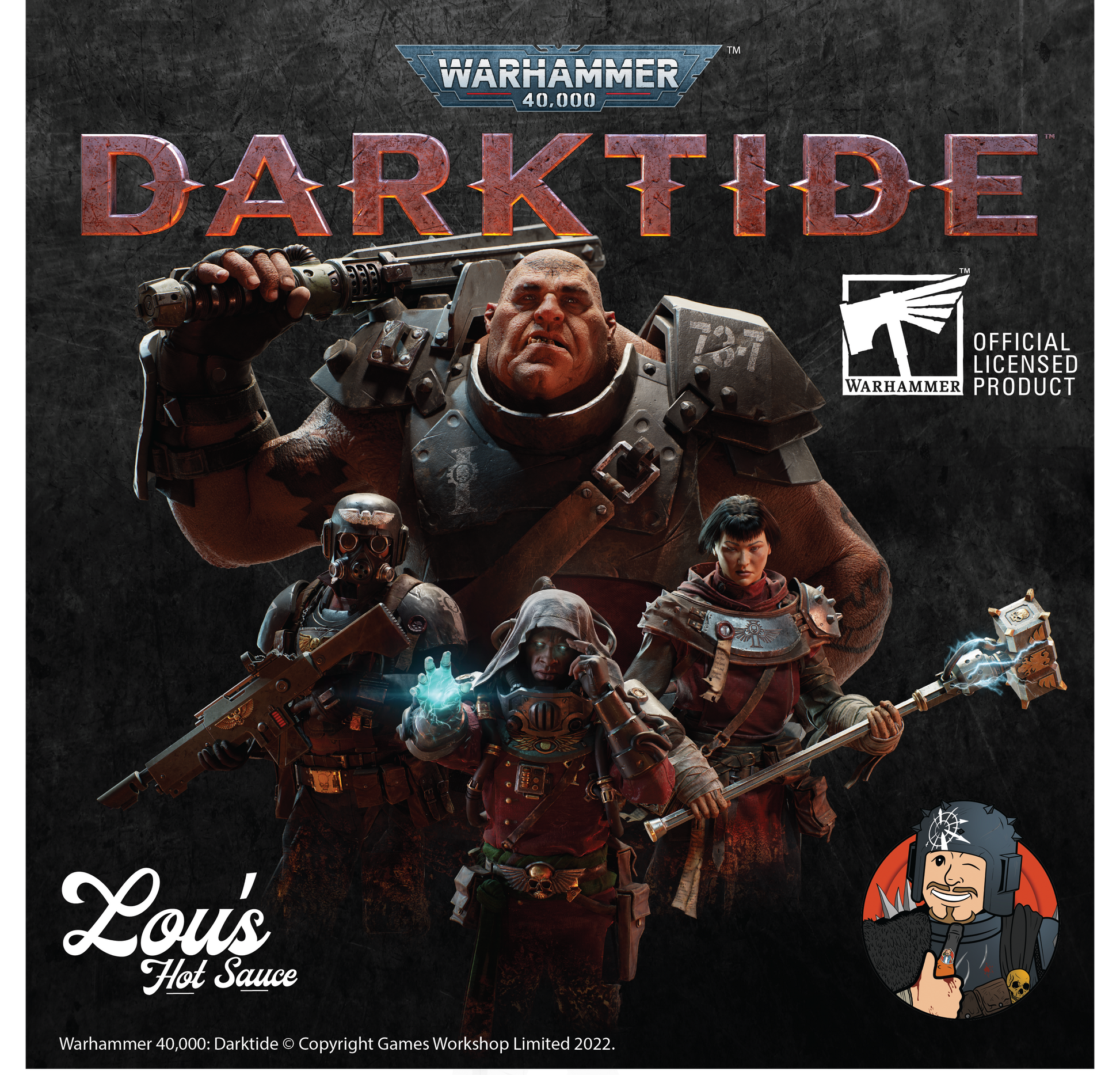 Official Warhammer 40,000 Darktide gift set box featuring dark, sci-fi themed artwork from Lou's Brews collection of hot sauces and condiments.