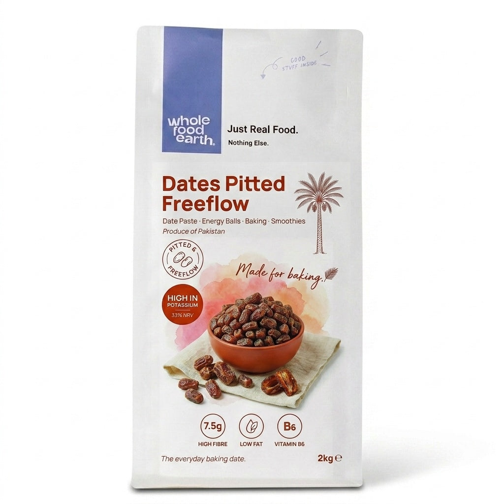 Pitted free-flow dried dates from Whole Food Earth in a 2kg pouch, showcasing glossy, dark brown dates ready for snacking or baking.