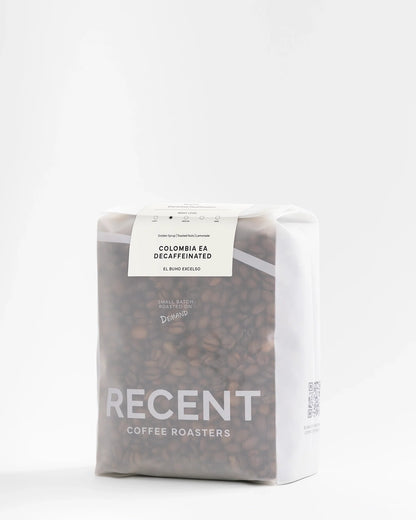 Decaf El Buho Excelso Medium Roast Coffee beans by Recent Beans, 500g package, showcasing the coffee packaging.