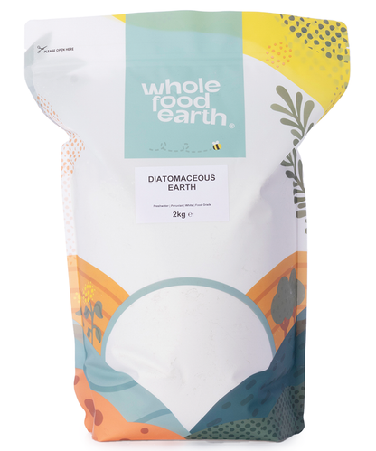 Food grade diatomaceous earth mineral from Whole Food Earth, showing a 2kg bag of natural, white, powdery earth mineral on a plain background.