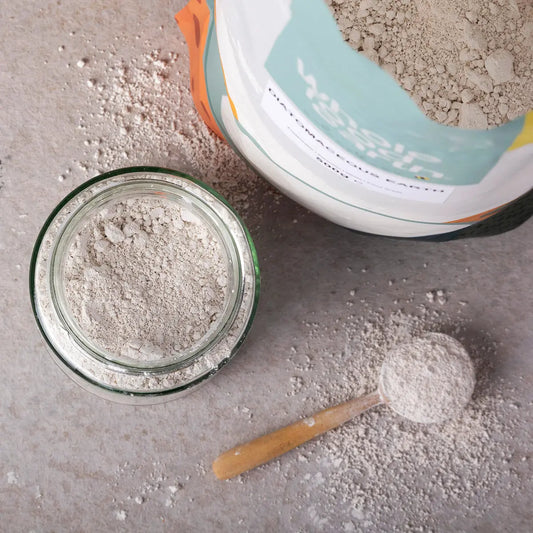 Whole Food Earth food grade diatomaceous earth in a natural setting, showcasing its mineral and salt properties for health and gardening.