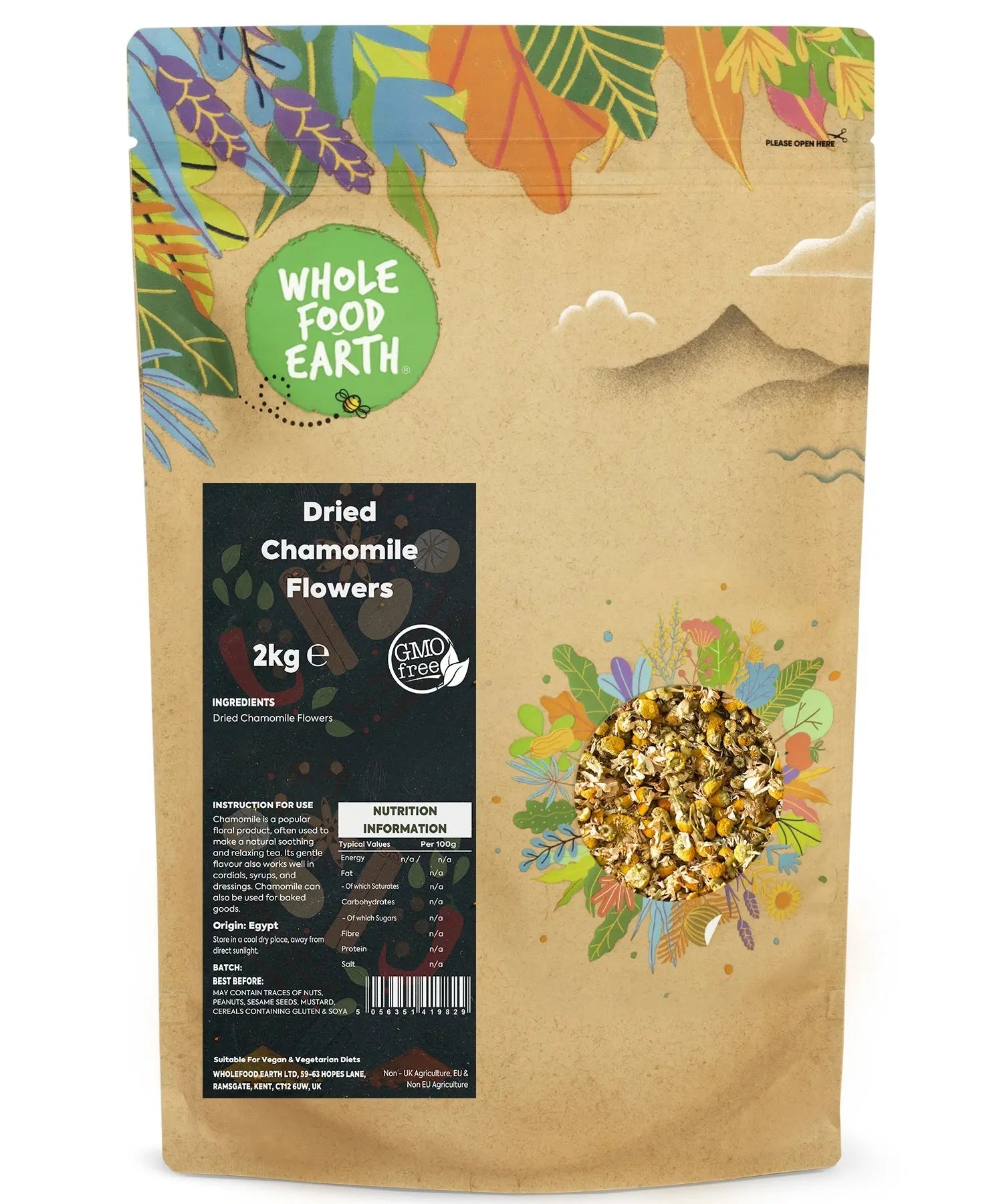 Dried chamomile flowers from Whole Food Earth in a 2kg bag, herbal loose tea with yellow and white dried flower petals.