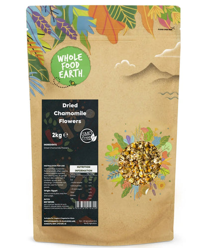Dried chamomile flowers from Whole Food Earth in a 2kg bag, herbal loose tea with yellow and white dried flower petals.