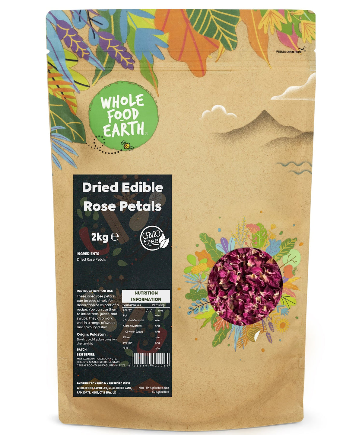 Dried edible rose petals from Whole Food Earth, 2kg package, colorful, delicate petals used as herbs and spices in culinary dishes.