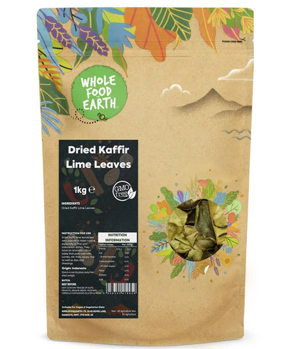 Dried kaffir lime leaves from Whole Food Earth, herbal and aromatic spices in a 1kg bag, used for cooking and flavoring dishes.