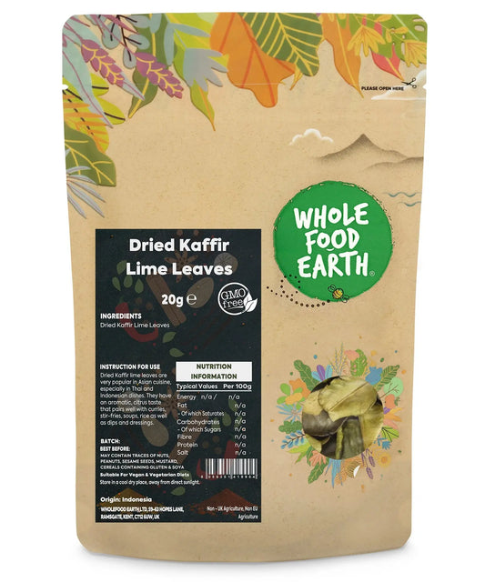 Dried kaffir lime leaves from ArtisanBox, 20g package, showcasing fresh green citrus leaves used in cooking and flavoring dishes.