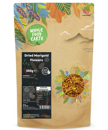 Dried marigold flowers from Whole Food Earth, herbal spice, yellow-orange blooms for culinary and medicinal use.