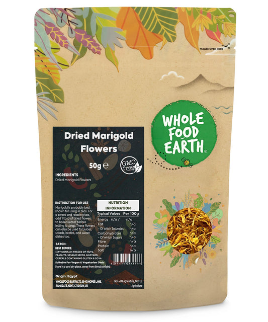 Dried marigold flowers from Whole Food Earth, herbal spice in a 50g package, showing vibrant orange petals and dried floral buds.