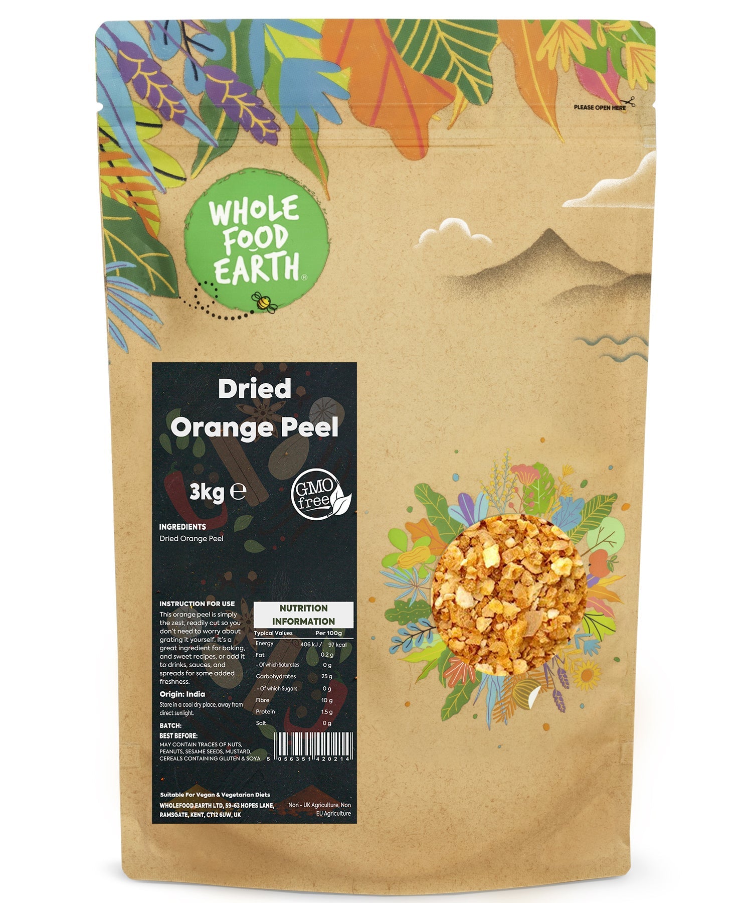 Dried orange peels from Whole Food Earth, a 3kg bag of vibrant, aromatic herbs and spices for cooking and baking.