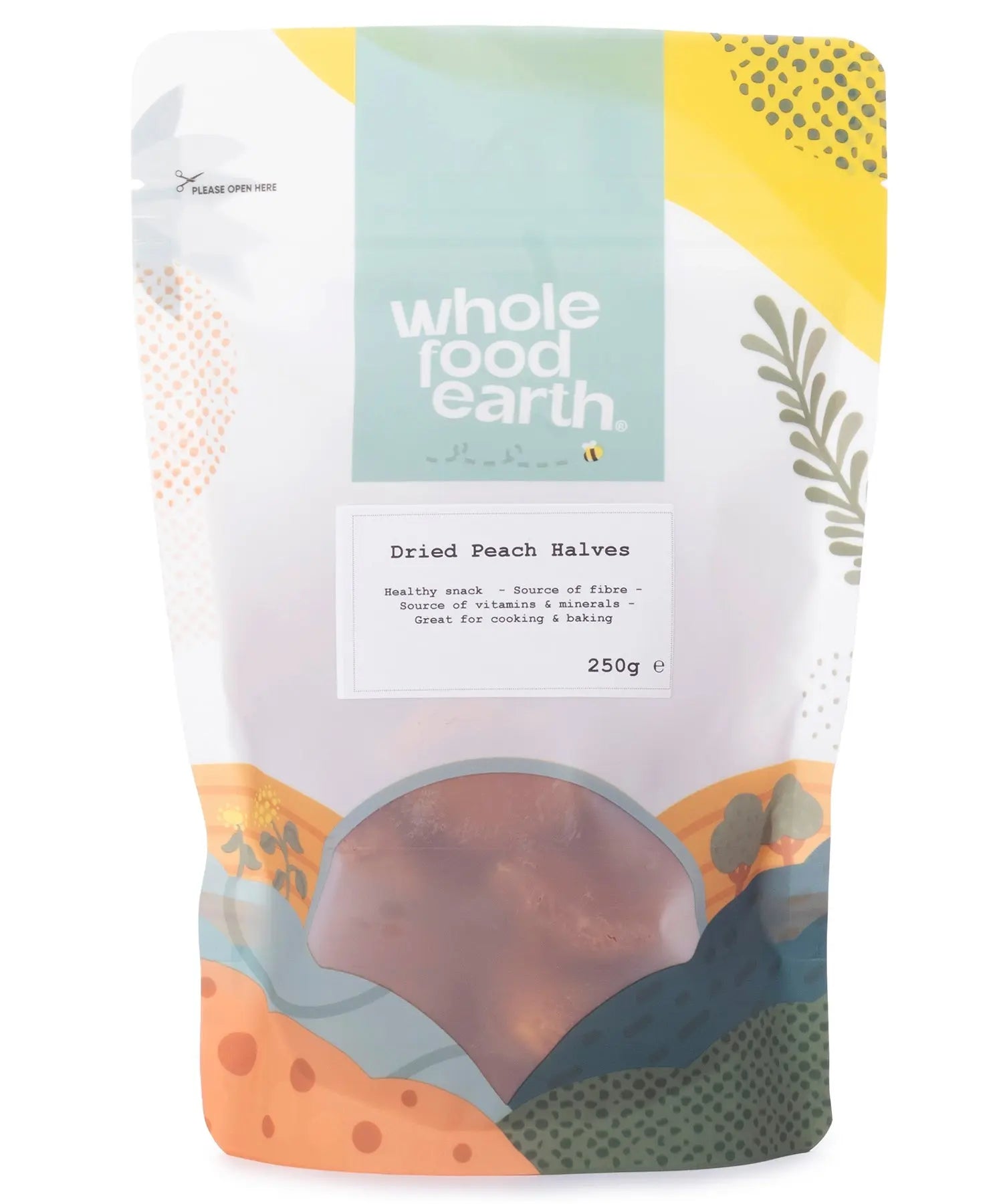 Dried peach halves from Whole Food Earth, showing golden, juicy dried fruit pieces perfect for snacking or baking.