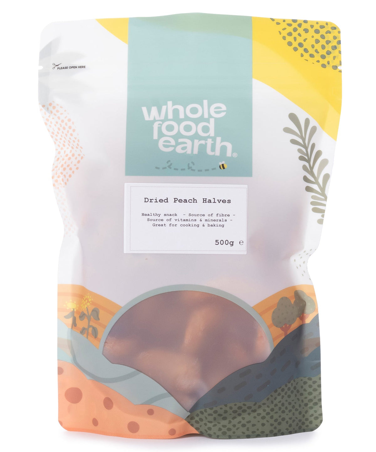 Dried peach halves from Whole Food Earth, showcasing golden, sliced dried fruits on a neutral background.