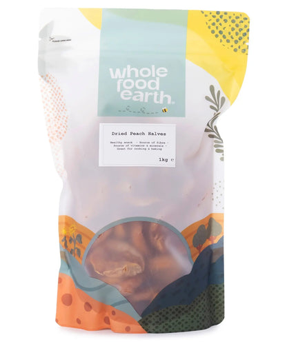Dried peach halves from Whole Food Earth, showing golden dried fruit slices in a natural, close-up view.