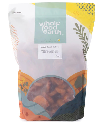 Dried peach halves from Whole Food Earth, showing golden, chewy dried fruit pieces perfect for snacking or baking.