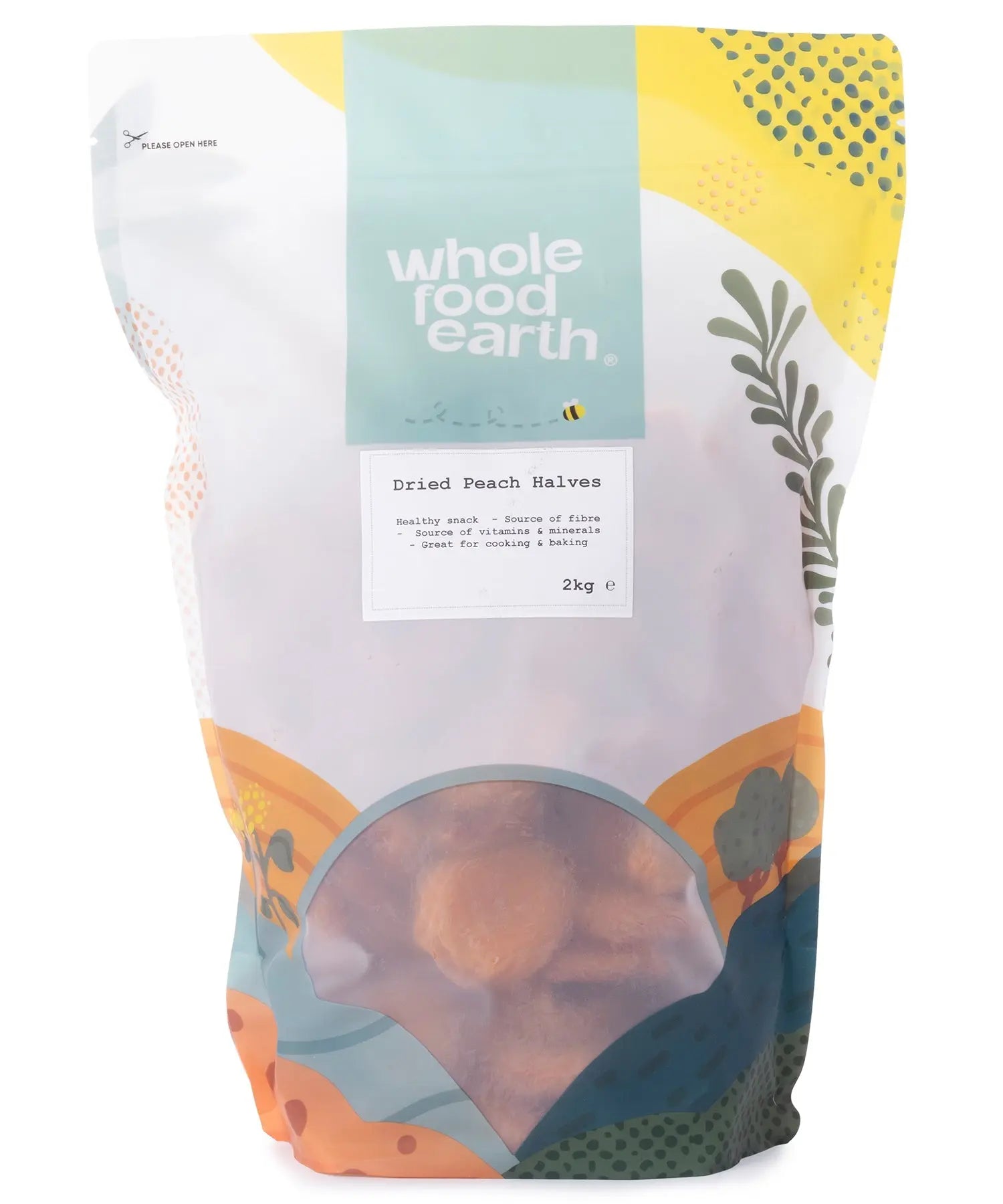 Dried peach halves from Whole Food Earth in a close-up, showing golden, chewy dried fruit pieces on a plain background.