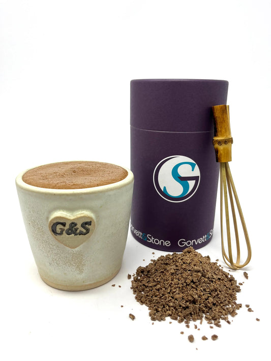 Gorvett & Stone House Drinking Chocolate tube with rich, smooth chocolate powder for hot chocolate beverages.