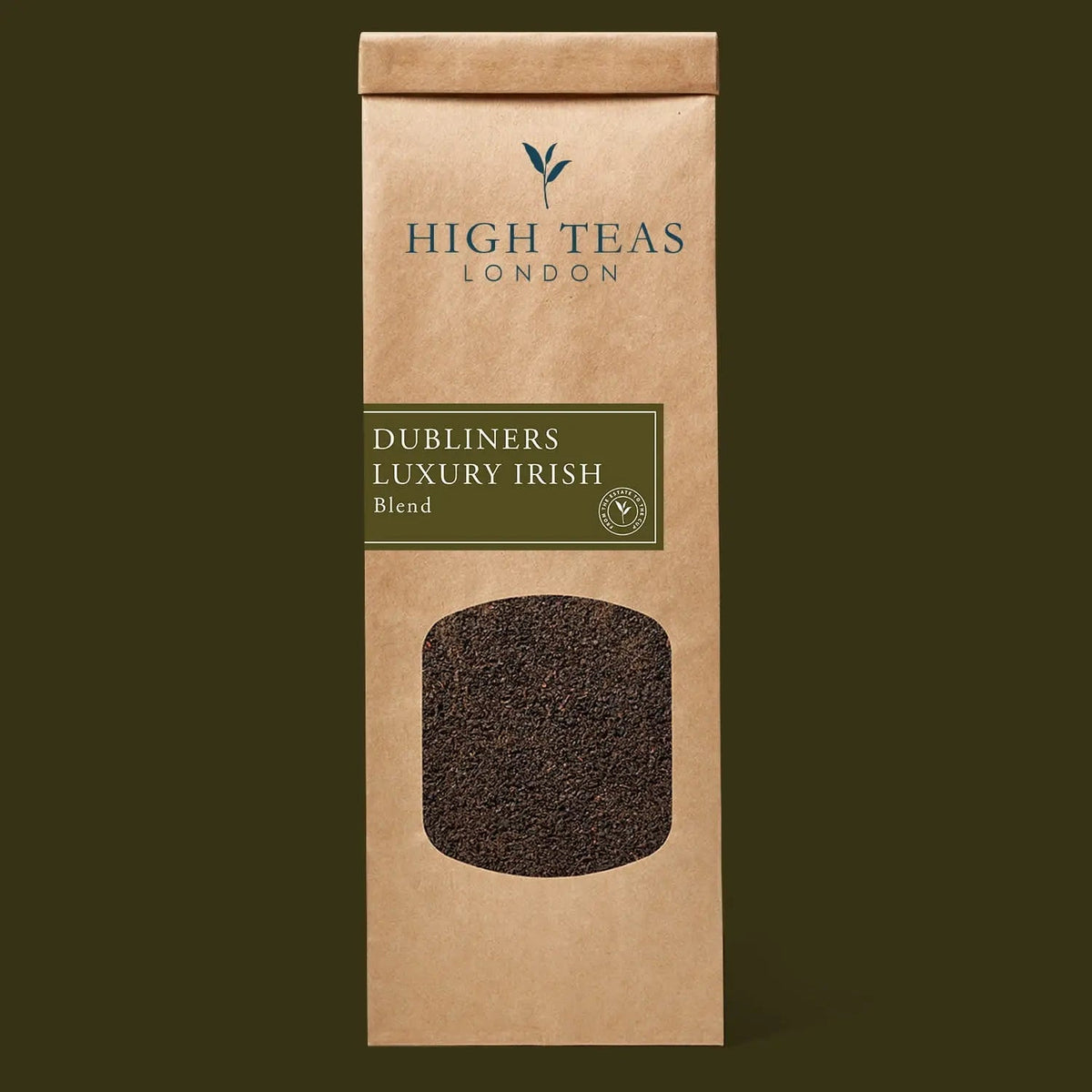 Loose leaf Dubliners Luxury Irish Breakfast tea by High Teas, showcasing a rich blend of tea leaves in a decorative container.