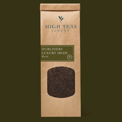 Loose leaf Dubliners Luxury Irish Breakfast tea by High Teas, showcasing a rich blend of tea leaves in a decorative container.