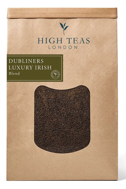 Loose leaf Dubliners Luxury Irish Breakfast tea from High Teas, featuring rich, aromatic black tea leaves in a clear glass jar.