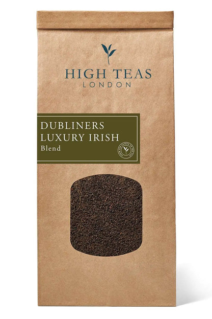 Loose leaf Dubliners Luxury Irish Breakfast tea by High Teas, showcasing rich, dark tea leaves in a traditional blend.