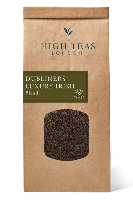 Loose leaf Dubliners Luxury Irish Breakfast tea by High Teas, showcasing rich, dark tea leaves in a traditional blend.