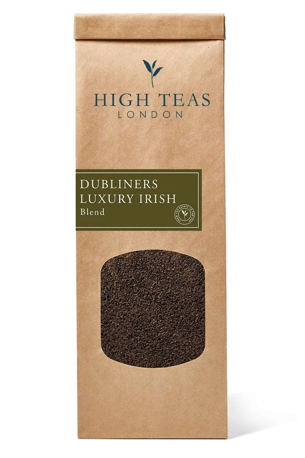 Loose leaf Dubliners Irish Breakfast tea by High Teas, showcasing a blend of rich, aromatic tea leaves in a clear glass jar.