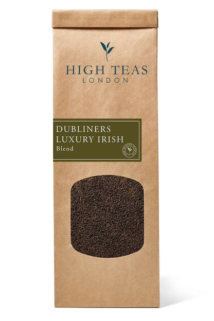 Loose leaf Dubliners Irish Breakfast tea by High Teas, showcasing a blend of rich, aromatic tea leaves in a clear glass jar.