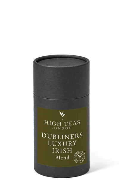 Loose leaf Irish breakfast tea from Dubliners Luxury by High Teas, featuring dark, fragrant tea leaves in a stylish tin.
