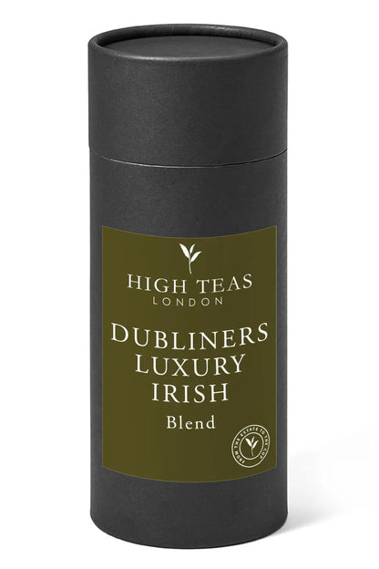 Loose leaf Dubliners Luxury Irish Breakfast tea by High Teas, showcasing golden-brown tea leaves in a clear glass jar.
