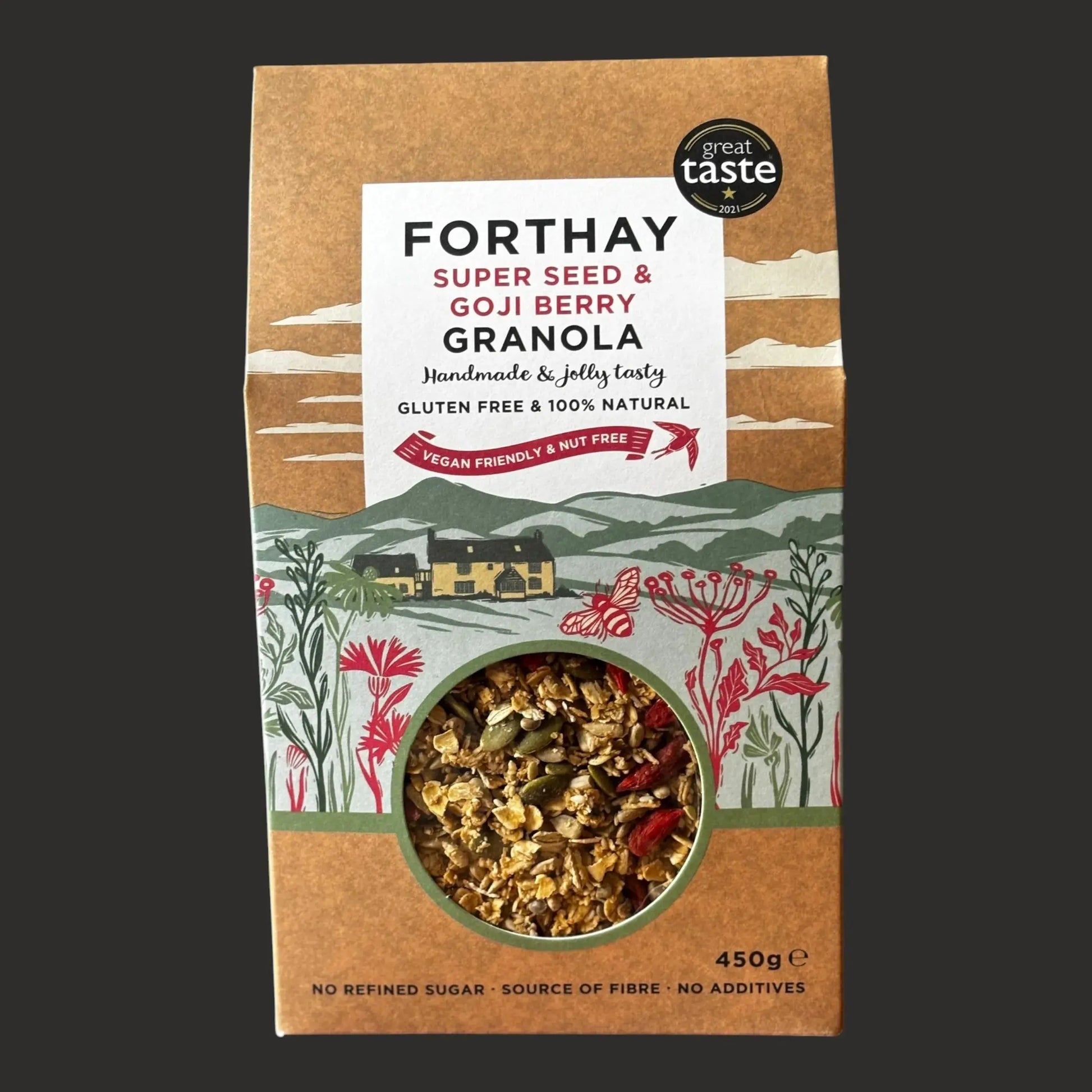 ArtisanBox Selection Forthay Granola with super seeds and goji berries in a 450g package, shown in a close-up image.