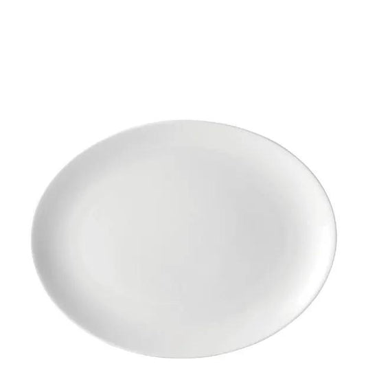 Pure white oval plate from Glassware UK, 25.5cm dinnerware with smooth edges and elegant design on a plain background.