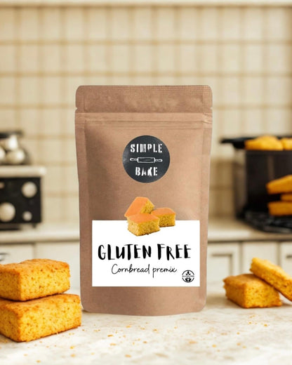 Simple Bake gluten-free cornbread premix in a package, ready for baking, with a clear label and vibrant product packaging.