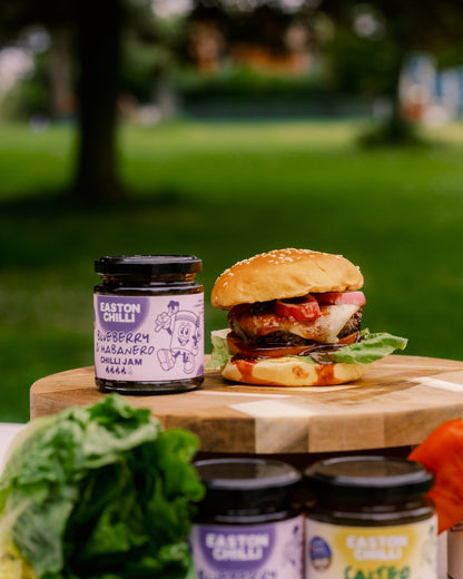 Blueberry and habanero chilli jam by Easton Chilli, showcasing a vibrant jar of spicy sweet chilli jam with blueberries and habanero peppers.