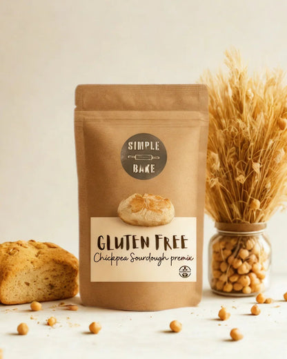 Simple Bake gluten-free chickpea bread premix in a bag, ready for baking, with a focus on the product packaging and ingredients.