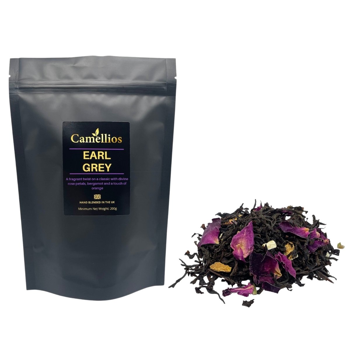 Loose leaf Earl Grey tea by Camellios in a 200g package, featuring aromatic bergamot-flavored black tea leaves.