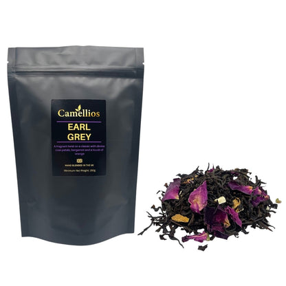 Loose leaf Earl Grey tea by Camellios in a 200g package, featuring aromatic bergamot-flavored black tea leaves.