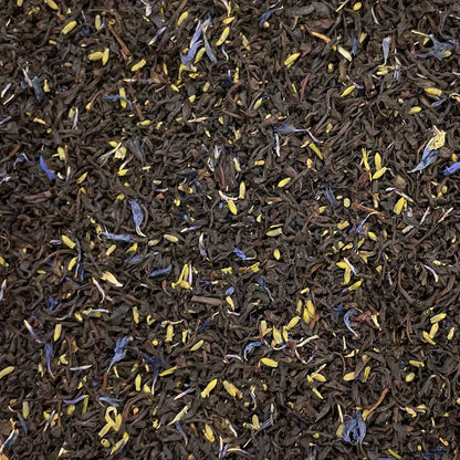 Loose leaf Earl Grey Reserve tea with cornflowers from High Teas, showing a blend of gray tea leaves and vibrant blue cornflowers.